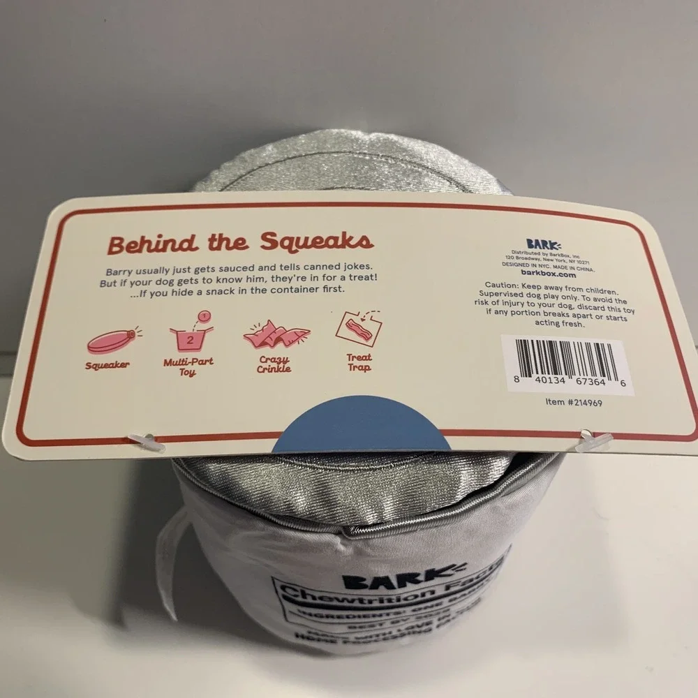 Bark Box Dog Toy CANNED BARRY 2023 Seasonal‎ LARGE Crinkle Squeaky Multi TOY